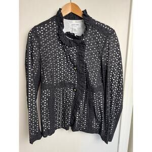 Skirtin Around 8 Black and White Floral Eyelet Ruffle Edged Jacket w Buttons